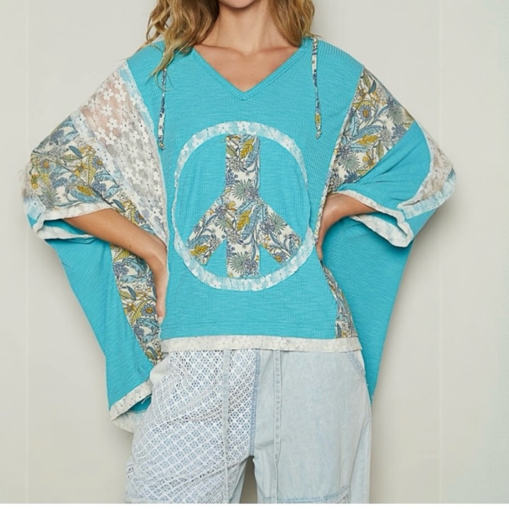 POL Floral Print Peace Sign Lace Hoodie Oversized Top - SIZE SMALL - NWT